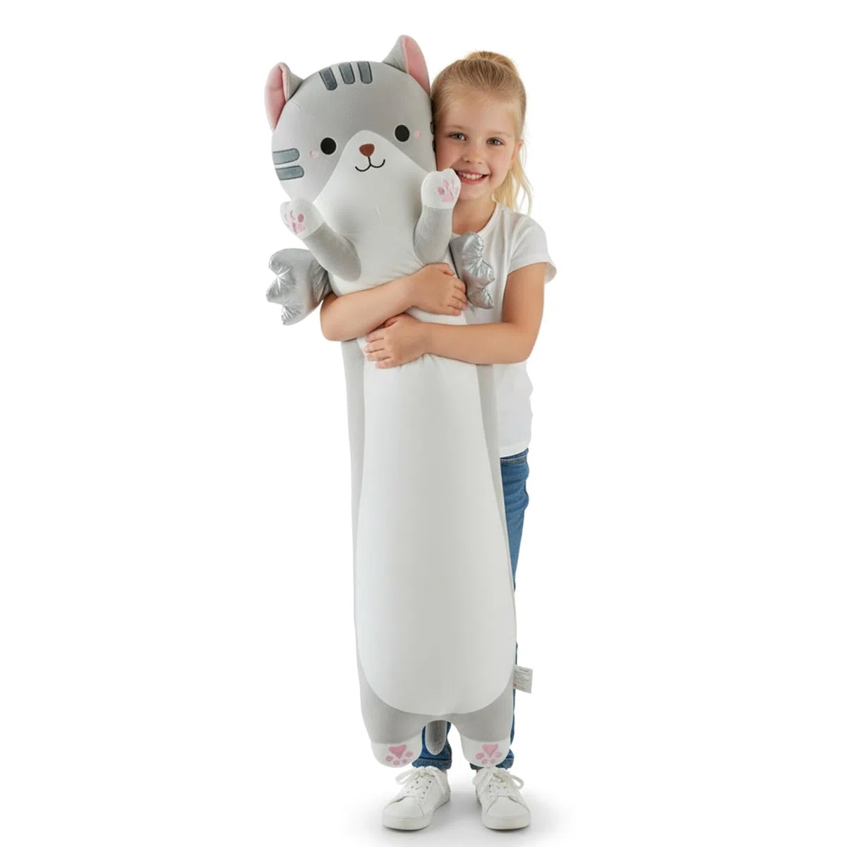 Katzen Kissen mit Flügeln, 110cm Lange Katze Kuscheltier, Weiches Plüschkissen für Seitenschläfer, Süße Kawaii Plüschkatze als Riesen Stofftier für Erwachsene & Kinder (Grau)