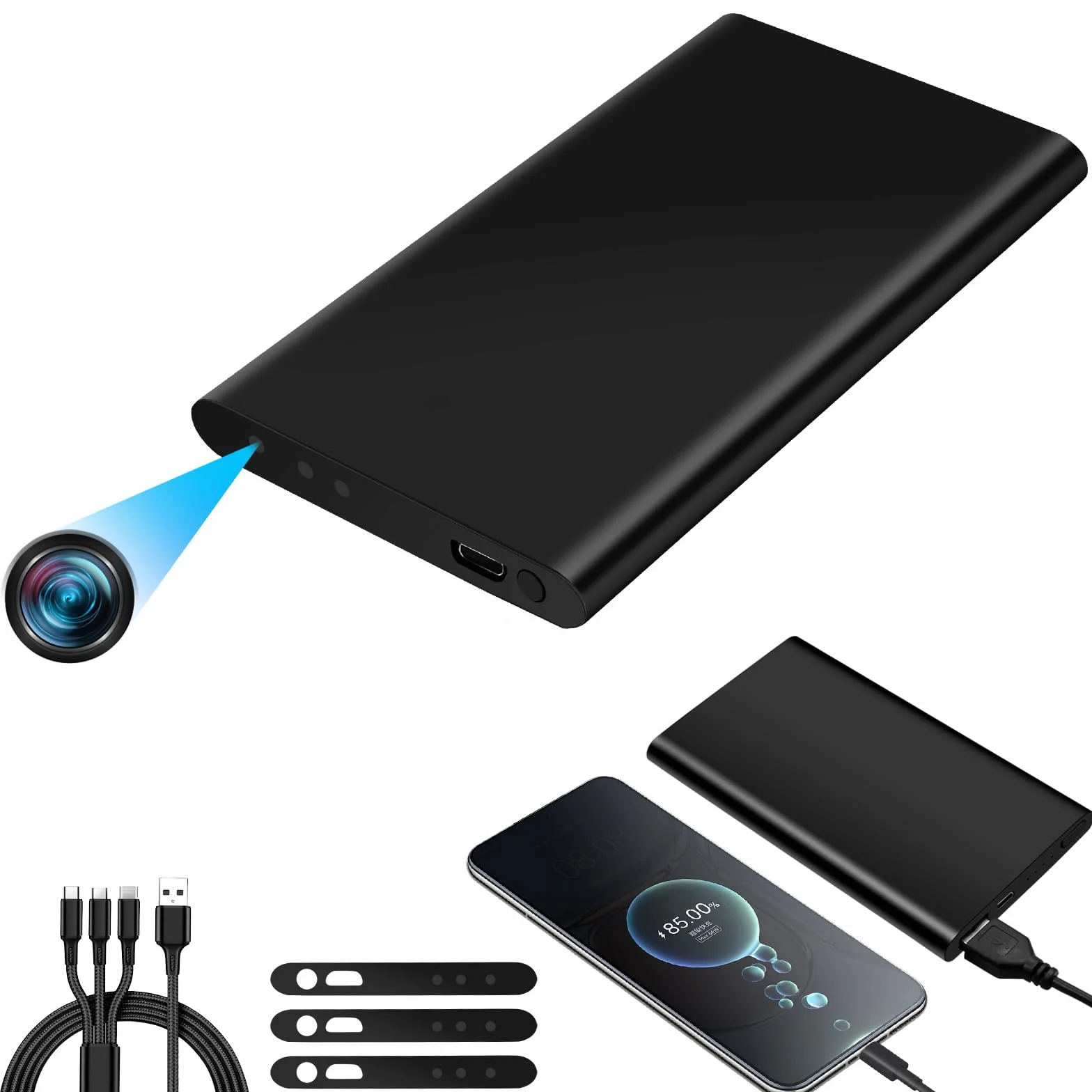 Mini HD Kamera, Dual-Funktion 1080P HD Powerbank Kamera, 17h Aufnahme mit 5000 mAh Akku & 3-in-1-Kabel