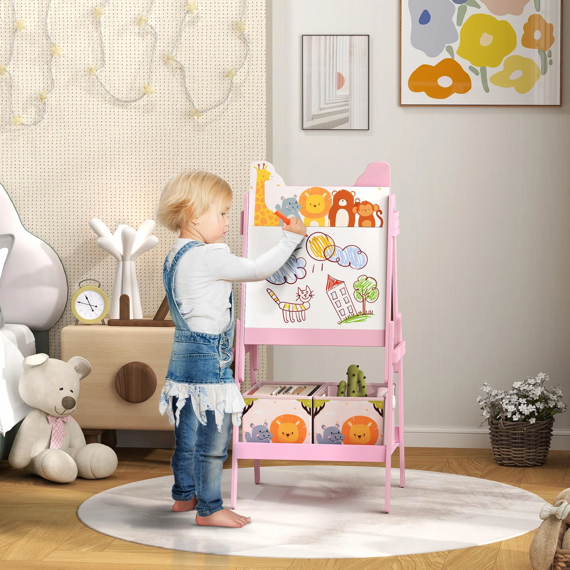 AIYAPLAY 2-in-1 Kindertafel, doppelseitige Kinder Staffelei, Staffelei mit Kreidetafel, Whiteboard, Aufbewahrungsboxen, für Kinder 3-8 Jahre, Rosa