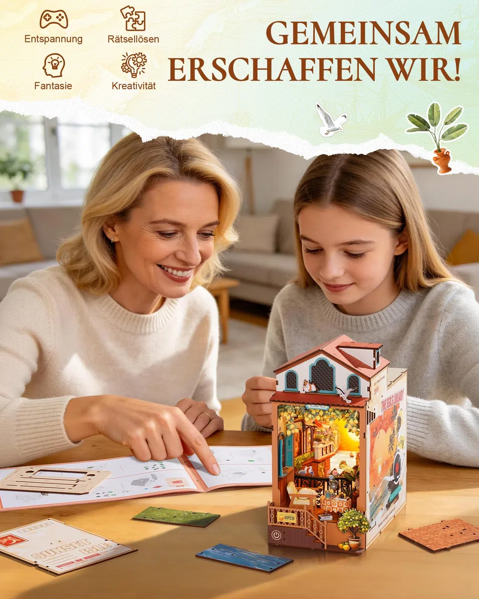 Rolife Book Nook Kit für Erwachsene Miniatur Haus Selber Bauen mit Licht Abendrot Insel Booknook Bausatz 3D-Holzpuzzle Bücherstütze für Regal Bibliothek Bücherregal Dekoration