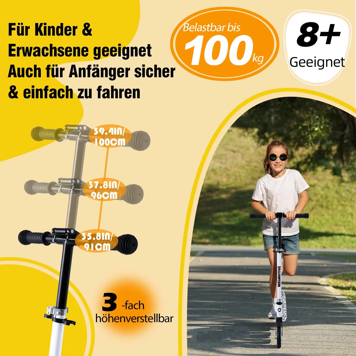 Tretroller für Kinder & Erwachsene – Klappbarer Cityroller mit höhenverstellbarem Lenker – Scooter mit Ständer – Keine Montage nötig – Leicht bis 100KG