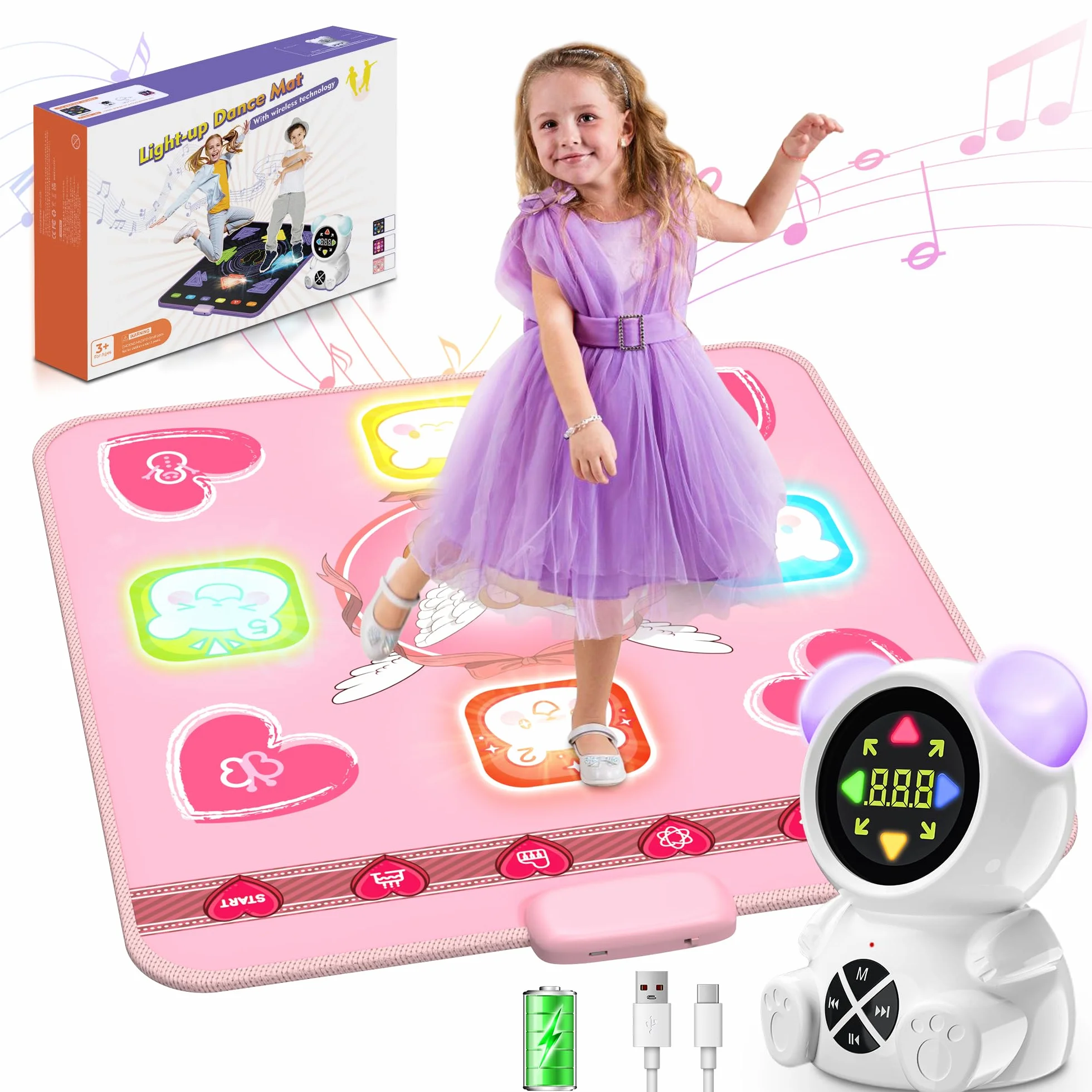 Tanzmatte Kinder, wiederaufladbare leuchtende Tanzmatte mit Bluetooth, 5 Spielmodi & LED-Lichter, Weihnachten Geburtstag Kinderspielzeug Geschenke für Mädchen von 3-12 Jahren (Rosa)