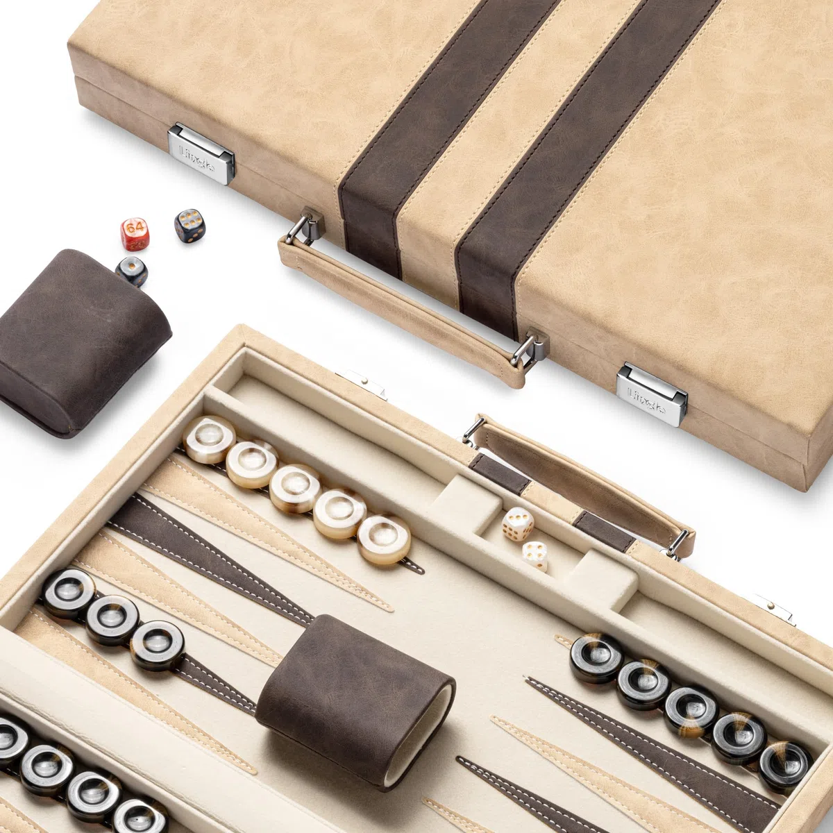 Backgammon-Sets für Erwachsene, 46cm x 38cm klassisches Brettspiel mit faltbarem Leder-Backgammon-Etui, Kunstleder-Außenseite und Samt-Innenseite, tragbares Reisespiel-Set (Brown)