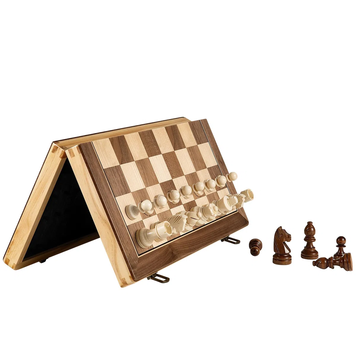 Schachspiel 38x38 cm Magnetisch Holz, Schachbrett Holz, 2-in-1 Schach & Dame, Reiseschach für Erwachsene und Kinder, Klappbares Schachspiel