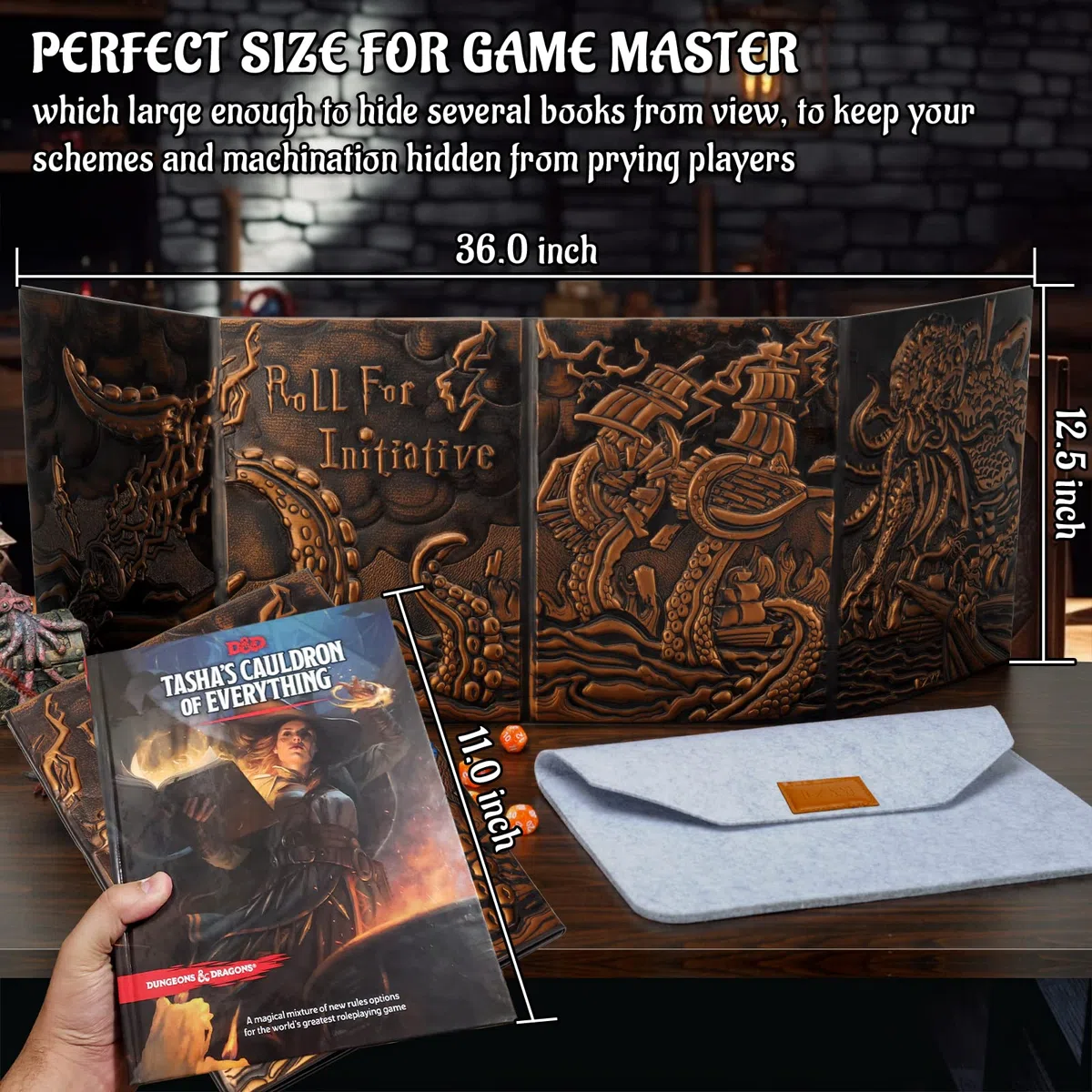 CZYY DND Dungeon Master Screen Vier-Panel mit Taschen, Kunstleder 3D geprägt mit Cthulhu - Inklusive DM-Bildschirmeinlagen und Aufbewahrungskoffer