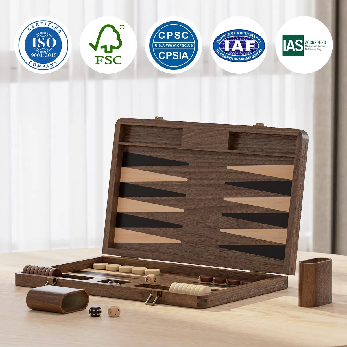 Premium Backgammon-Set aus Schwarznussbaumholz - Luxus-Reisespiel (Mit Würfeln & Verdoppler)