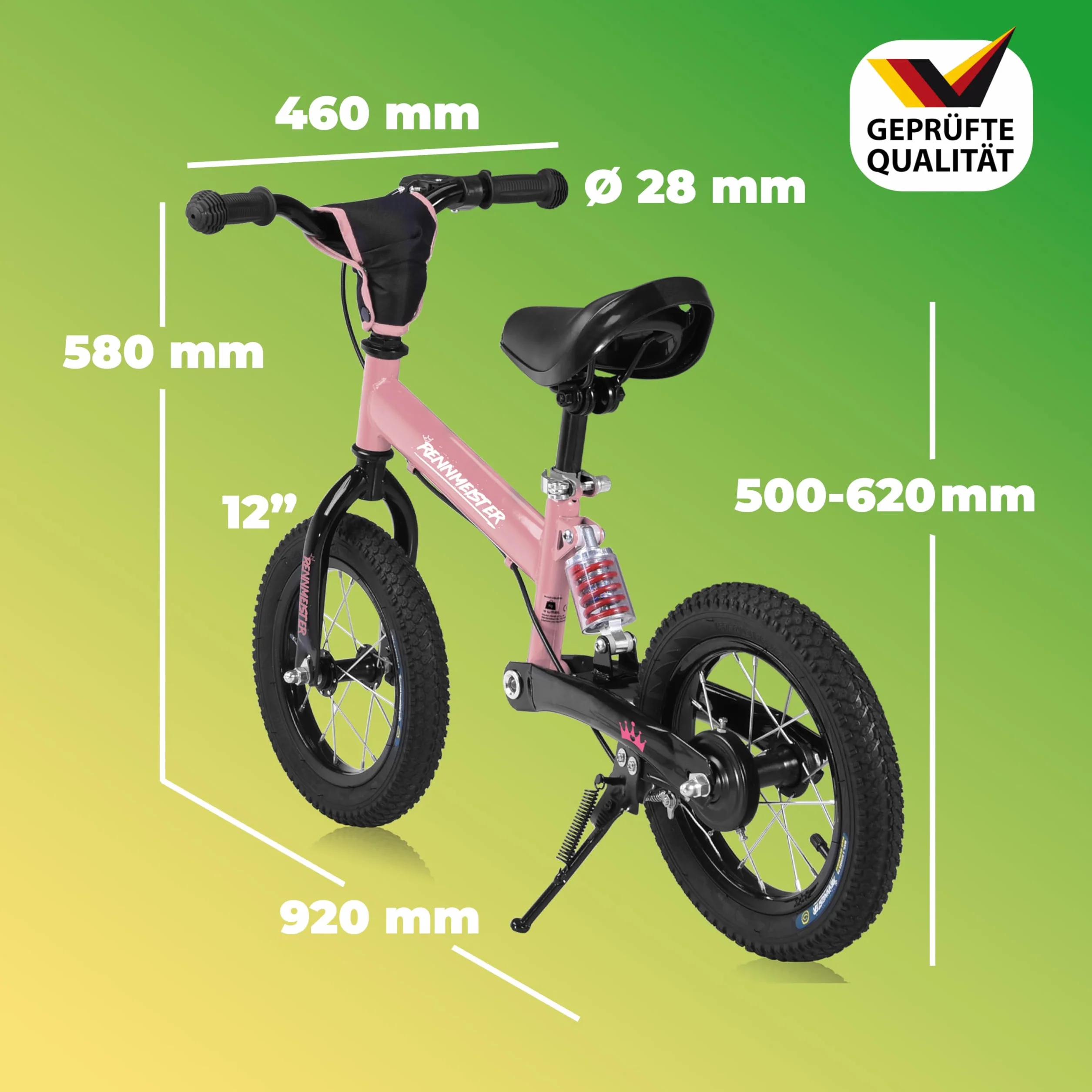 Laufrad ab 3 Jahren mit Bremse Balance Bike Kinder bis 50kg Lenker & Sattel Höhenverstellbar Lauflernrad Luftreifen Fahrradständer Federung Mädchen Rosa