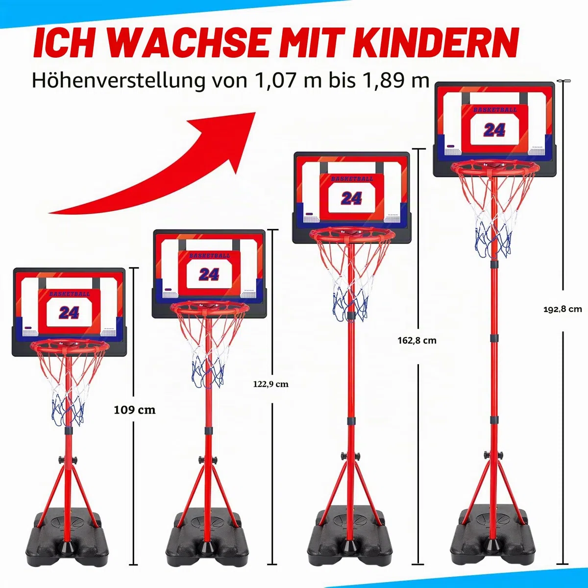 Basketballkorb Kinder Outdoor Indoor Höhenverstellbar 107cm-189cm, Basketball Korb Set Spielzeug mit Ball Pumpe, Sport Spielzeug Geschenk für Jungen Mädchen ab 3 4 5 6 7 8 Jahre