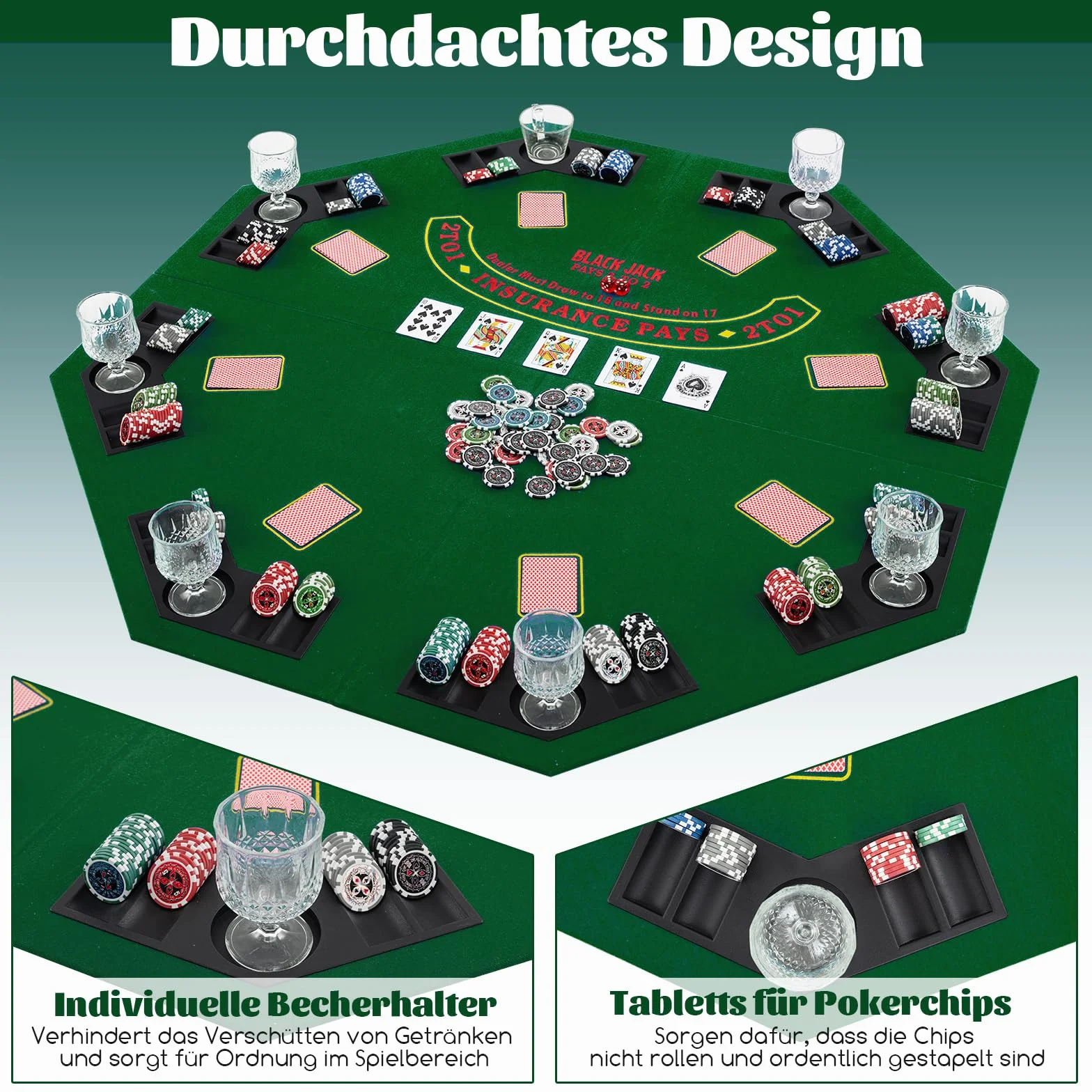 COSTWAY Pokermatte 120 x 120 cm, Texas Holdem, Pokertisch-Auflage faltbar für 8 Spieler mit Getränkehaltern, Pokerteppich mit Tragetasche, Pokerauflage achteckig, Grün