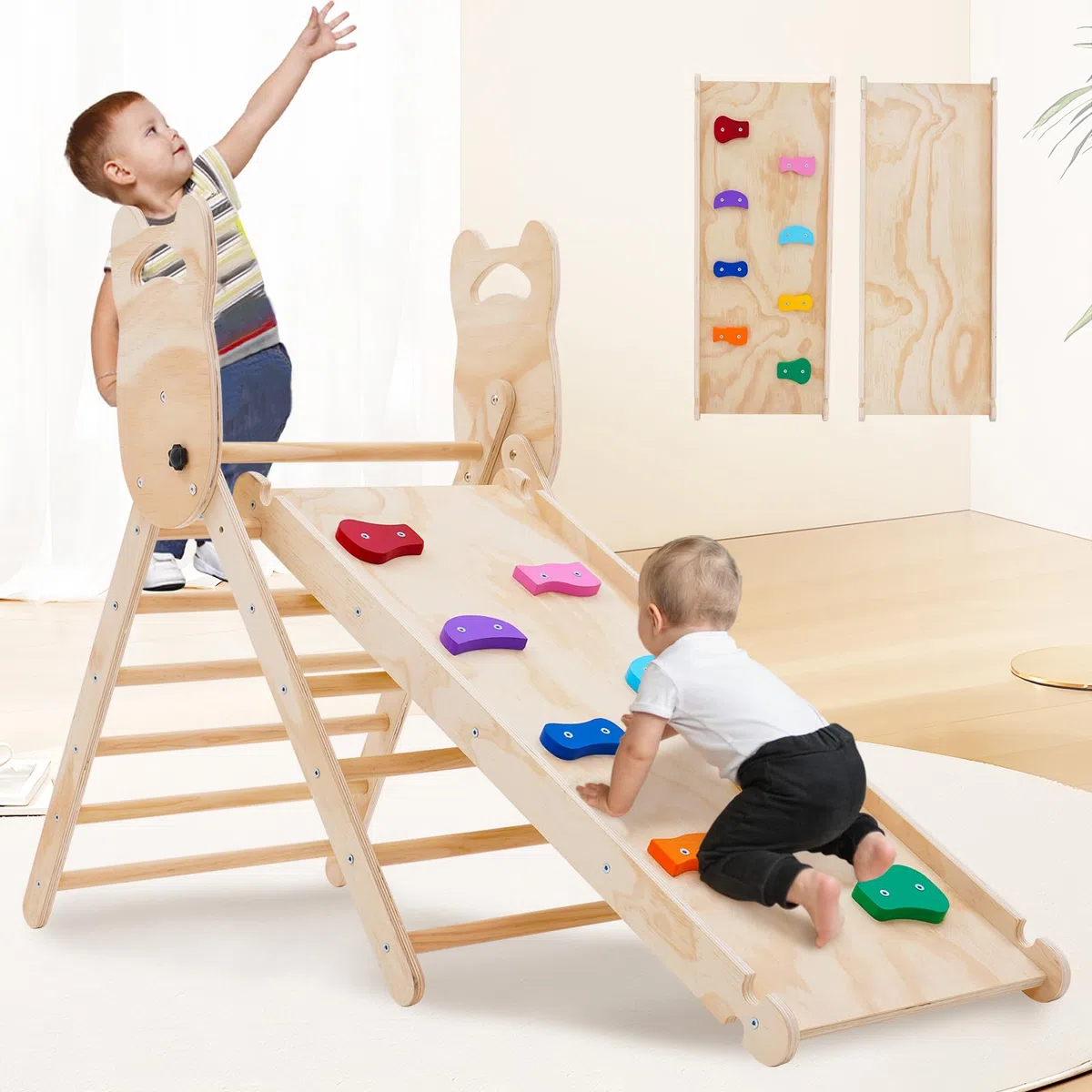 NUKied Kletterdreieck mit Rutsche,Faltbares Holz klettergerüst Indoor Set,Kleinkind Holzkletter Dreieck mit Schieberampe, Baby-Klettergerüst,kletterdreieck mit Rutsche für Kinder ab 3 Jahren