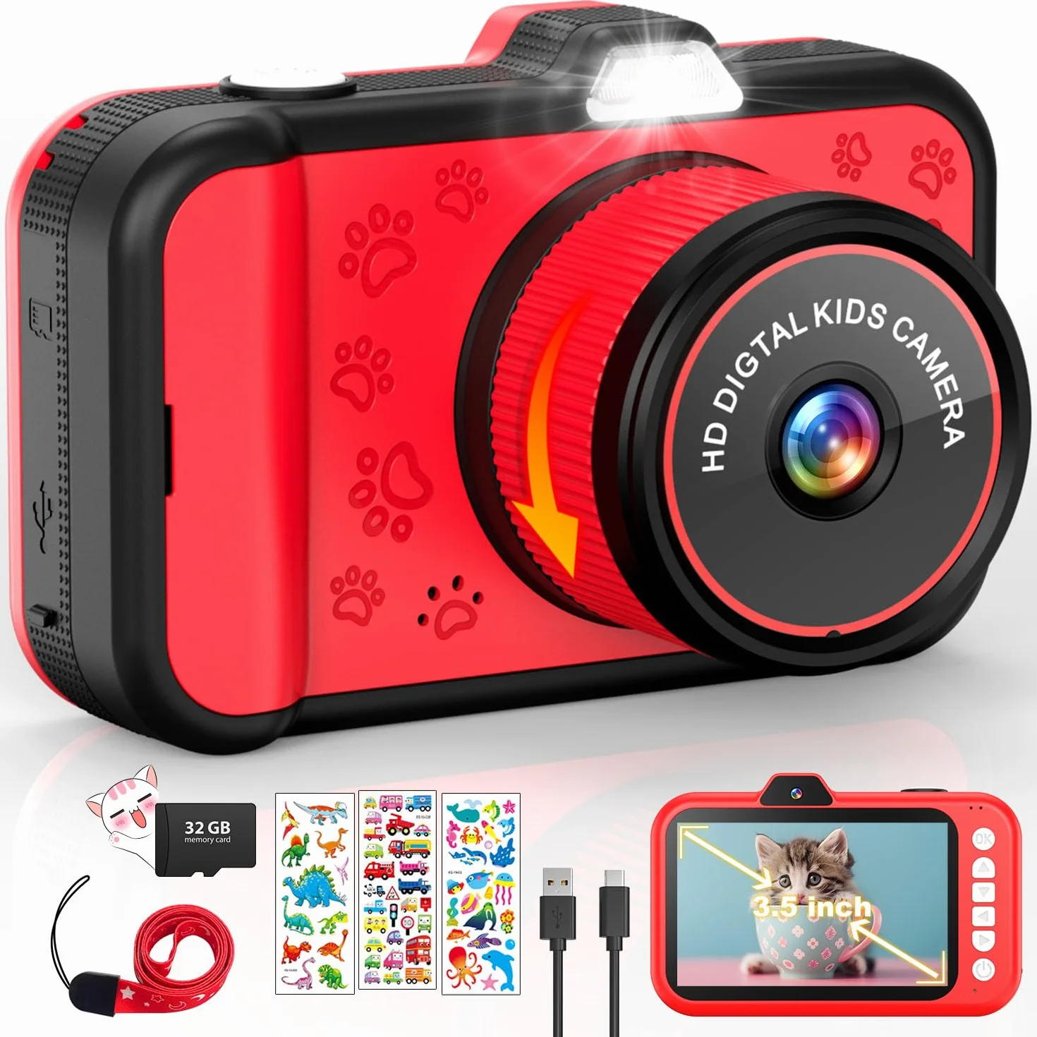 Kinderkamera | 3,5 Zoll großer Bildschirm | 360° drehbares Zoomobjektiv | 1080P HD Kamera für Kinder mit Selfie | LED-Blitz | SD-Karte 32G | Geschenk für Mädchen und Jungen 3 4 5 6 7 8 9 10 11 12