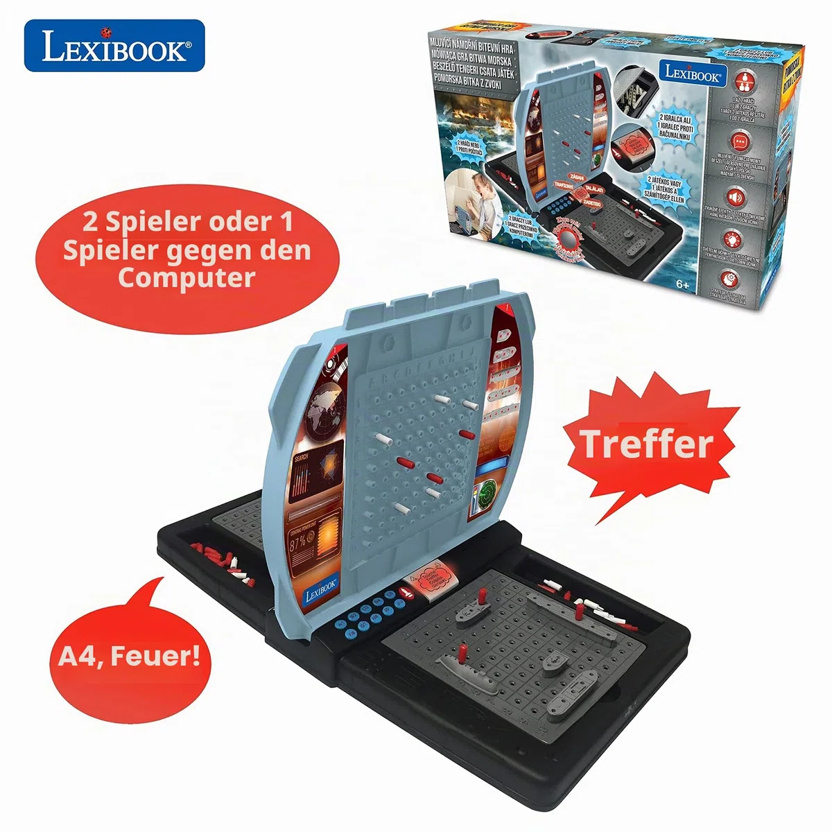 Lexibook, Sprechende Seeschlacht (Tschechisch, Polnisch, Ungarisch, Slowenisch), elektronisches Brettspiel 1 oder 2 Spieler, interaktiv, Licht- und Soundeffekte, Strategie, batteriebetrieben, GT2800i2