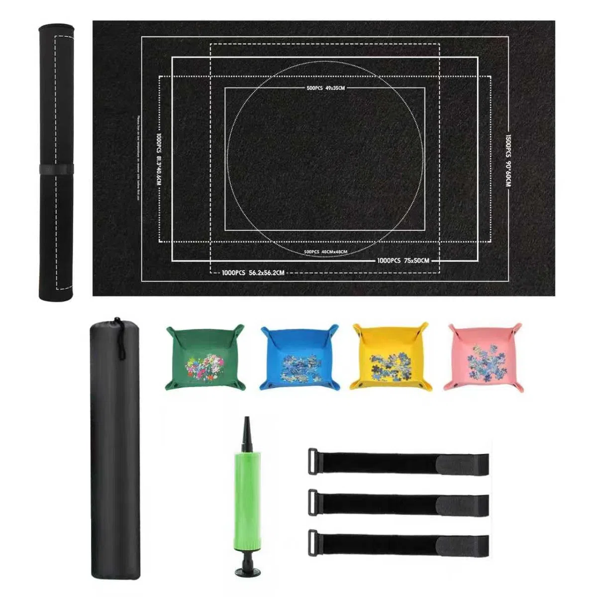 Puzzlematte bis 1500 Teile - Puzzle Rolle Matte mit Aufrollfunktion - rutschfeste Puzzleteppich - Tragbare Puzzleunterlage mit 4 Sortierschalen - Praktisches Puzzle Zubehör für Erwachsene