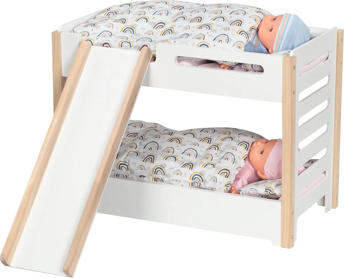goki 51451 - Puppen-Etagenbett aus Holz, inklusive Rutsche für das Stockbett, ideales Zubehör für das Puppenzimmer, stabil und langlebig im Kinderzimmer, 52 x 28 x 39cm, ab 3 Jahre