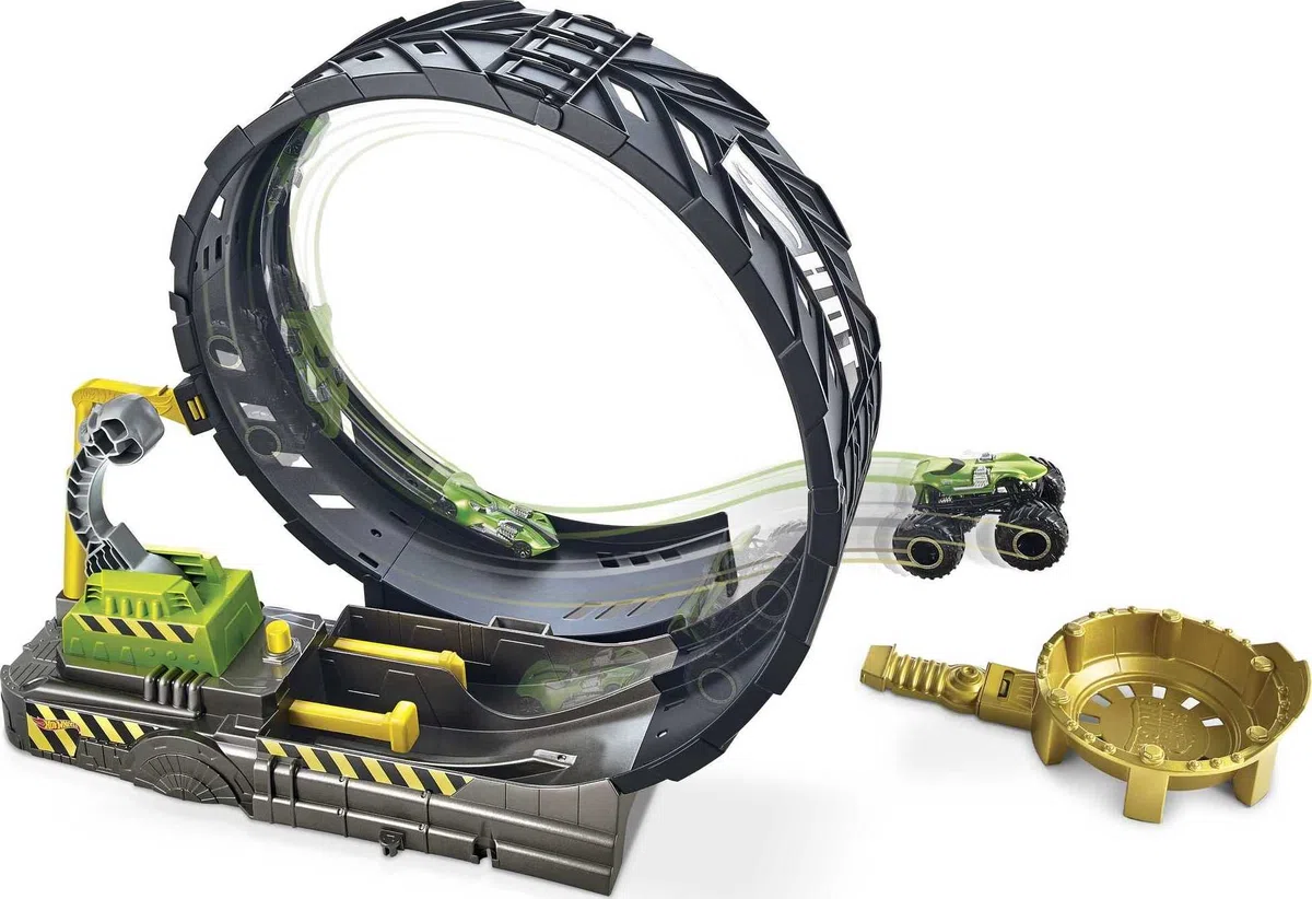 Hot Wheels HBH70 - Monster Trucks Looping-Challenge Spielset mit 1 Monster Truck und 1 Hot-Wheels-Fahrzeug im Maßstab 1:64, Spielzeug Autorennbahn für Kinder von 4 bis 8 Jahre
