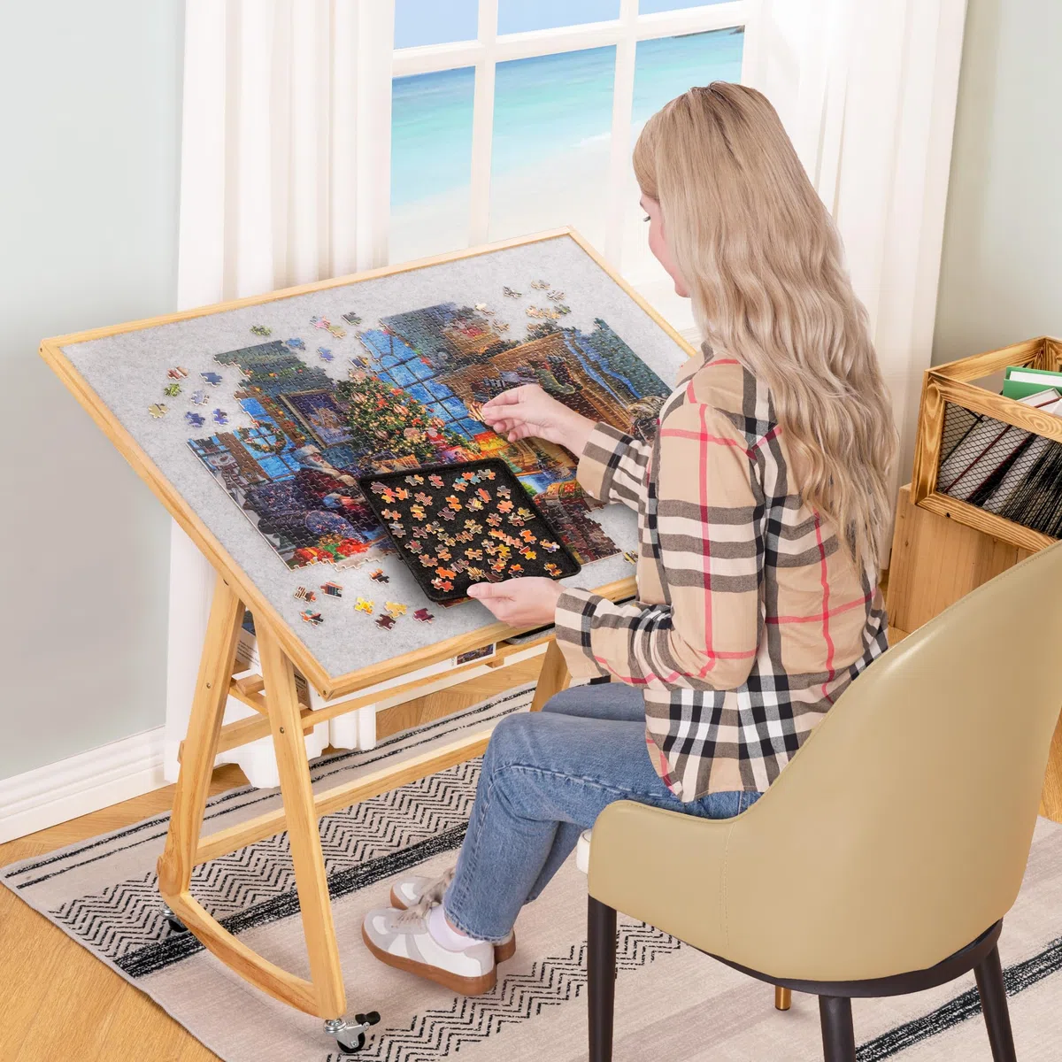 LAVIEVERT Puzzletisch mit Tischbeinen & Abdeckung, verstellbare Holz-Puzzlebrett-Staffelei mit Ablage, tragbarer kippbarer Puzzletisch mit 4 Rollrädern, für Puzzles mit 1500 Teilen