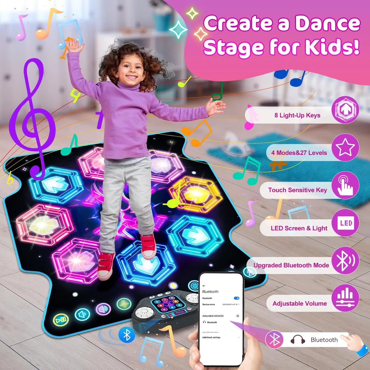 TERRAMUS Tanzmatte Mädchen Spielzeug für Kinder, 27 Levels Tanzmatte mit 8 LED Leuchten ab 3 4 5 6 7 8 9 10 11 Jahre Outdoor Montessori Geburtstag Geschenke Musikmatte mit Bluetooth Mädchen 3-12 Jahre
