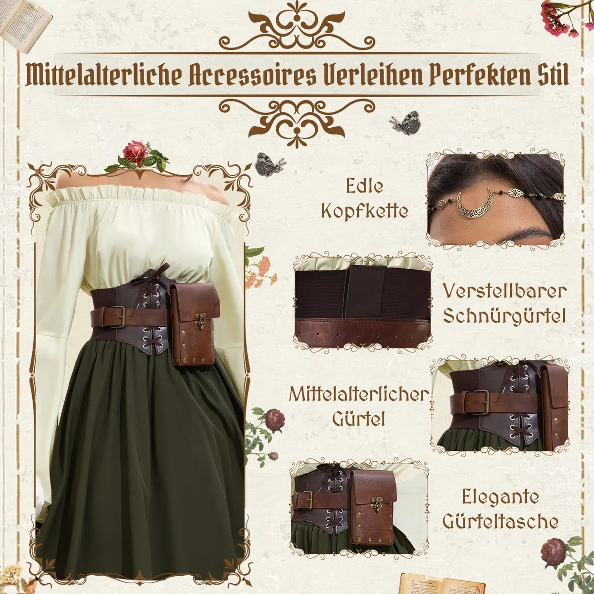 Mittelalter Kleidung Damen, Renaissance Kleid Damen und Off Shoulder Bluse mit Corsett, Gürteltasche, Kopfschmuck, Gürtel, Viktorianisches Kostüm für Halloween Karneval