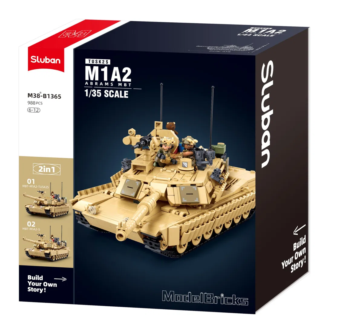 Sluban M1A2 Abrams MBT TUSK2S, Militär-Bauspiel, 988 Teile, Maßstab 1/35, 2-in-1, für Kinder von 6 bis 12 Jahren