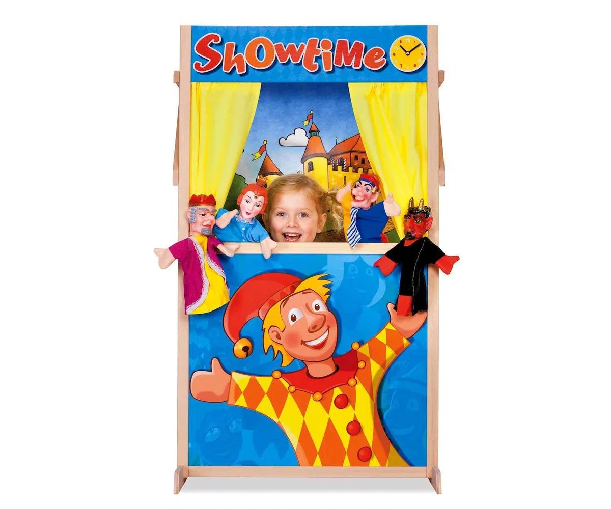 Eichhorn 100002586 - Stand-Kasperltheater 27,5x64x110cm, Zwei tauschbare Hintergründe, teilmontiert, Buchenholz