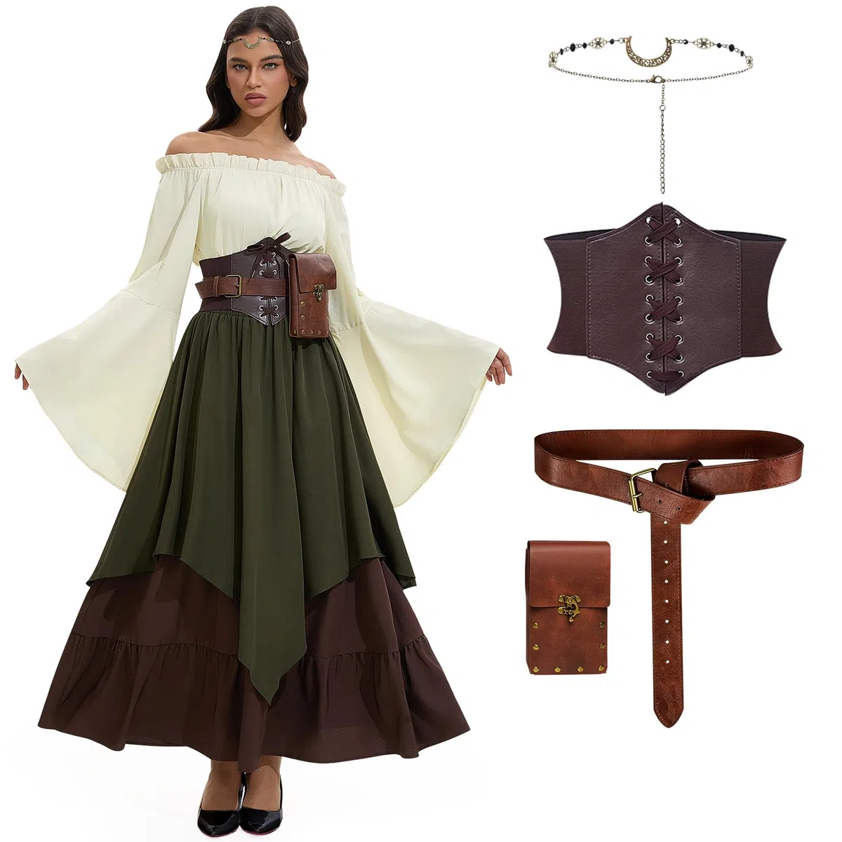 Mittelalter Kleidung Damen, Renaissance Kleid Damen und Off Shoulder Bluse mit Corsett, Gürteltasche, Kopfschmuck, Gürtel, Viktorianisches Kostüm für Halloween Karneval