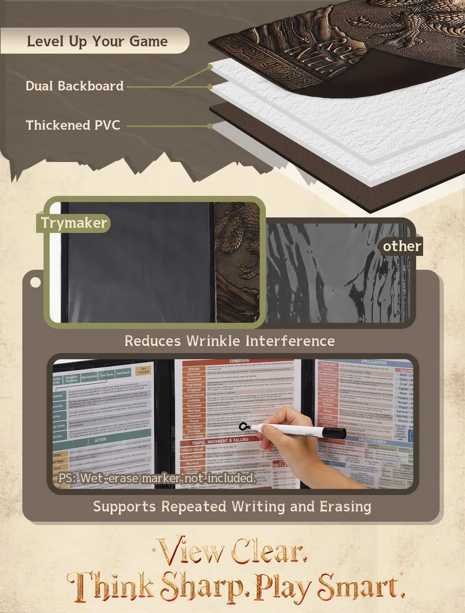 Trymaker Dm Screen, 5e DND Spielleiterschirm, Dungeons and Dragons zubehör, Kunstleder DM Sichtschirm mit Regel-Referenzkarten, Einer Aufbewahrungshülle