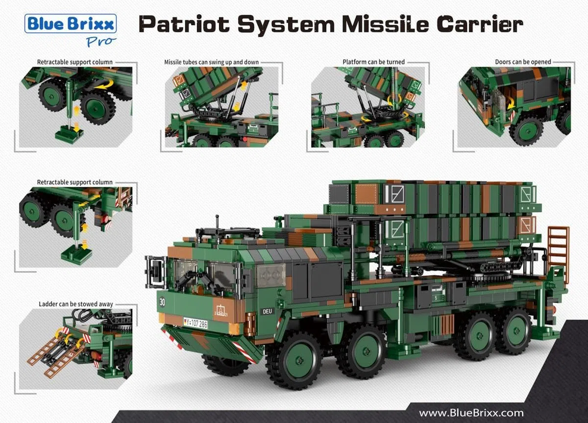 BlueBrixx Pro 107286 – Patriot System Raketenträger, Bundeswehr aus Klemmbausteinen mit 1612 Bauelementen