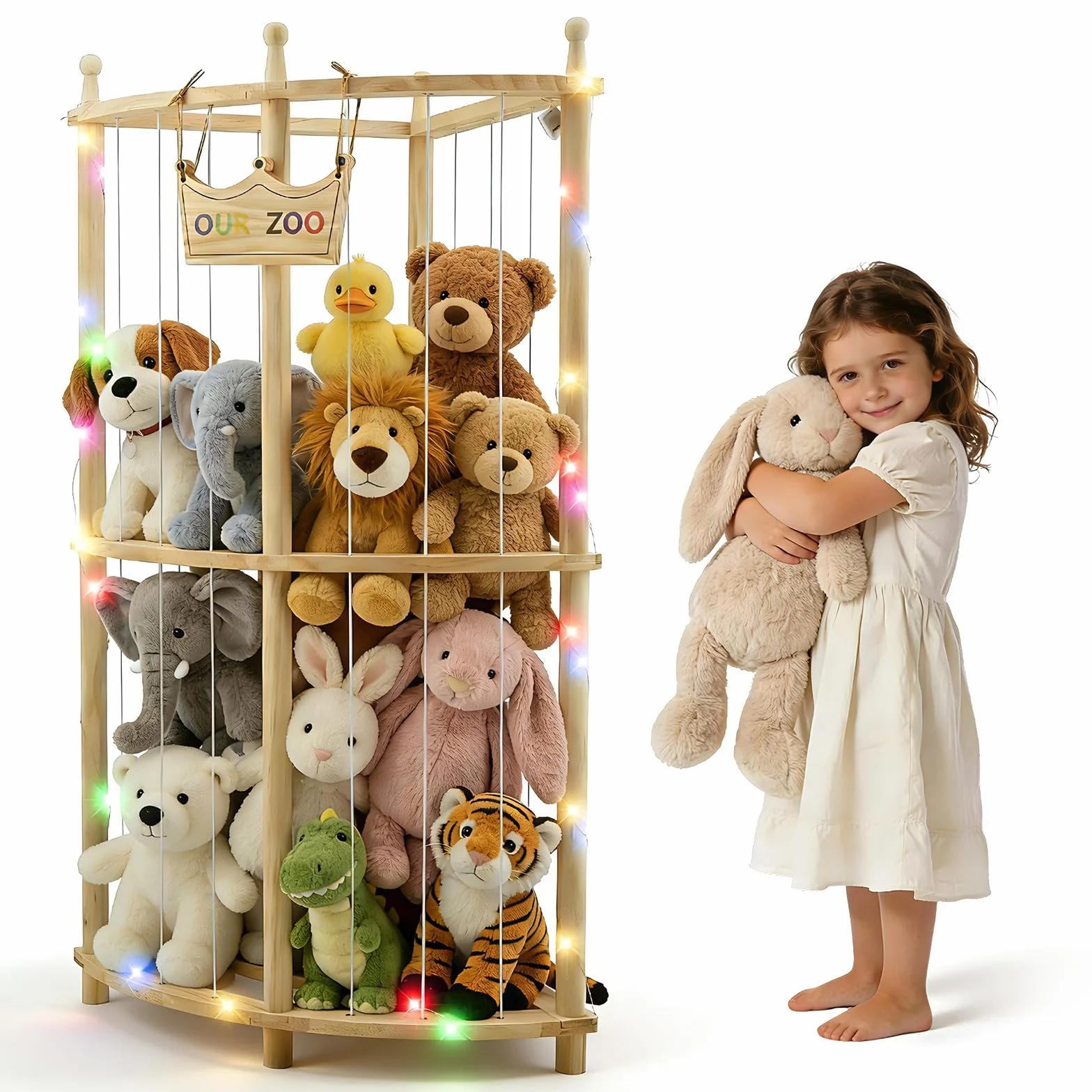 Ecke Kuscheltier Aufbewahrung mit Lichterketten,Doppellagig Holz Stofftier Aufbewahrung, 90cm OUR ZOO Niedlich Raumsparende Plüschtier Spielzeug Organizer für Spielzimmer & Schlafzimmer Home Decor