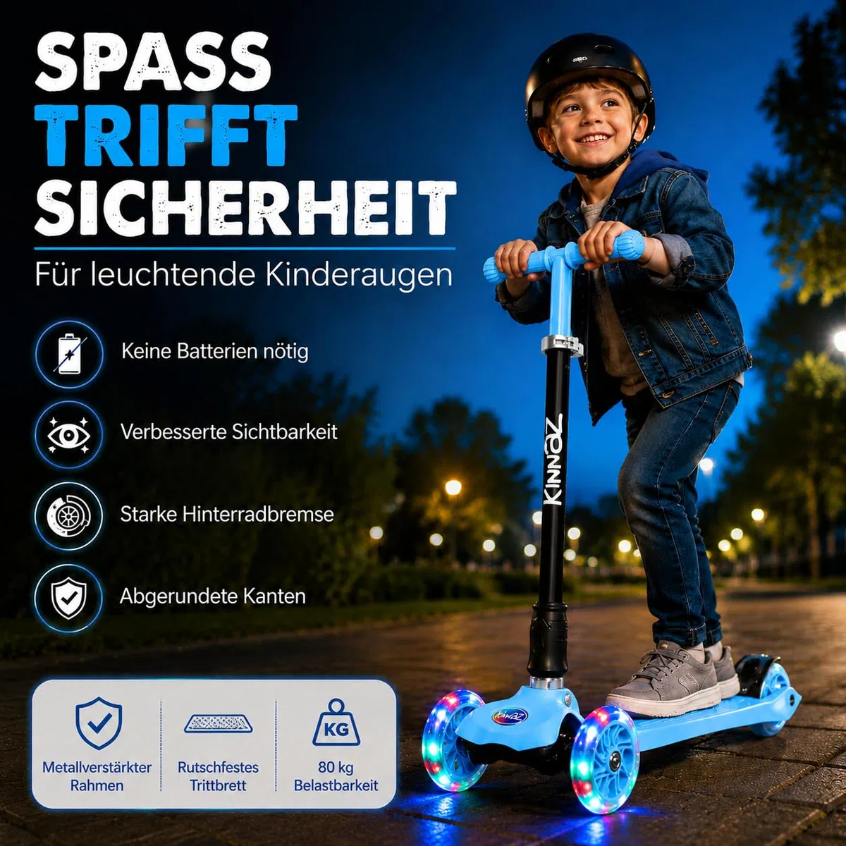 Kinderroller 5-12 Jahre kinnaz Two, Kinder Roller, Roller für Kinder ab 5 Jahre, faltbar, stufenlos Höhe einstellbar, LED Räder, Scooter, 6 7 8 9 Jahre, Schulkind, bekannt aus Focus, aus Hamburg