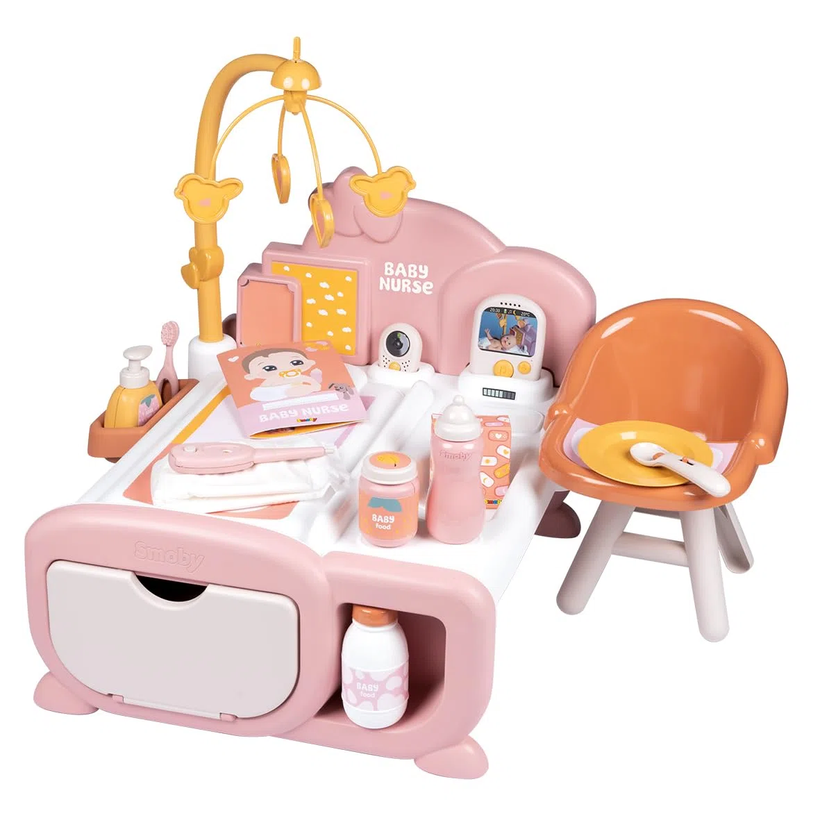 Smoby – Baby Nurse Cocoon 3-in-1 Puppenmöbel – Spielset mit Pflege-, Schlaf- & Essbereich – 16 Zubehörteile – Für Puppen bis 42 cm (Puppe Nicht enthalten), mit recyceltem Material, ab 3 Jahren