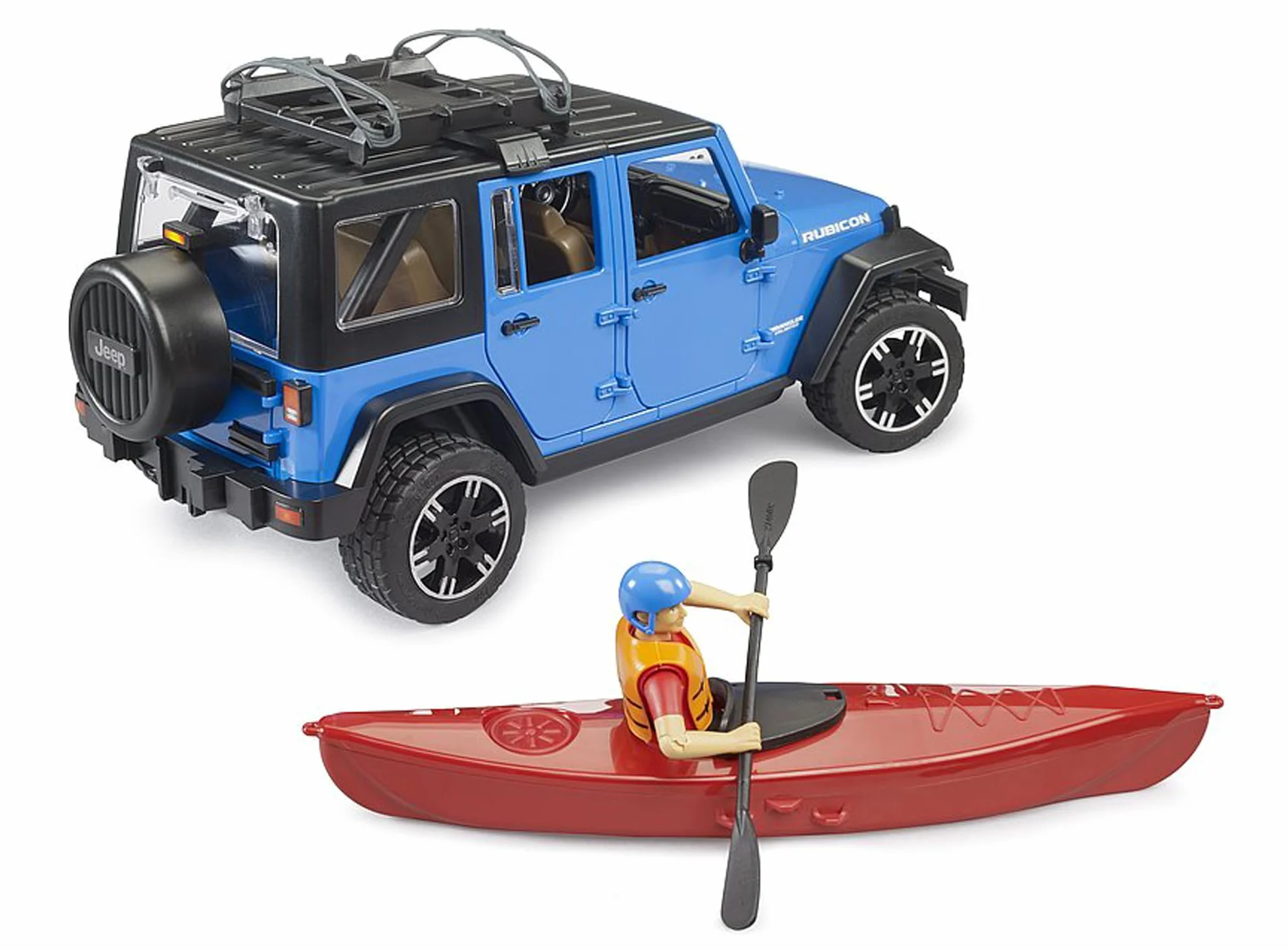 bruder 02529 - Jeep Wrangler Rubicon Unlimited mit Kajak & Figur - 1:16, Offroad Fahrzeug, Geländewagen, Auto, Spielzeug ab 4 Jahre