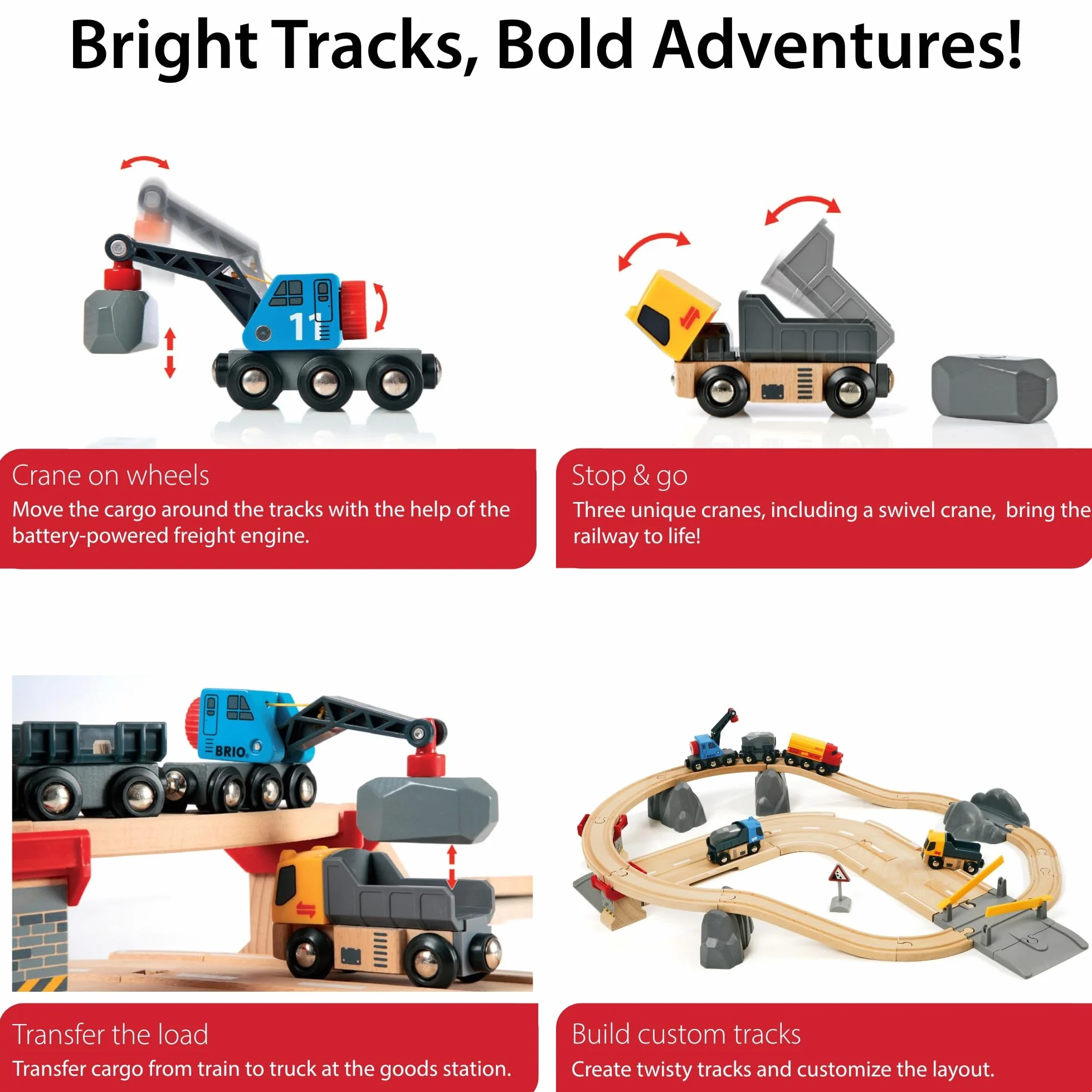 BRIO World 33210 Straßen & Schienen Steinverlade Set - Inklusive Frachtlok mit Kranwagen, Zwei LKWs und Straßenplatten - Geeignet für Kinder ab 3 Jahren
