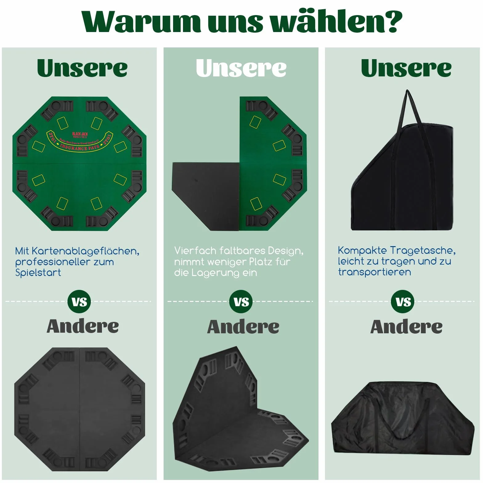 COSTWAY Pokermatte 120 x 120 cm, Texas Holdem, Pokertisch-Auflage faltbar für 8 Spieler mit Getränkehaltern, Pokerteppich mit Tragetasche, Pokerauflage achteckig, Grün
