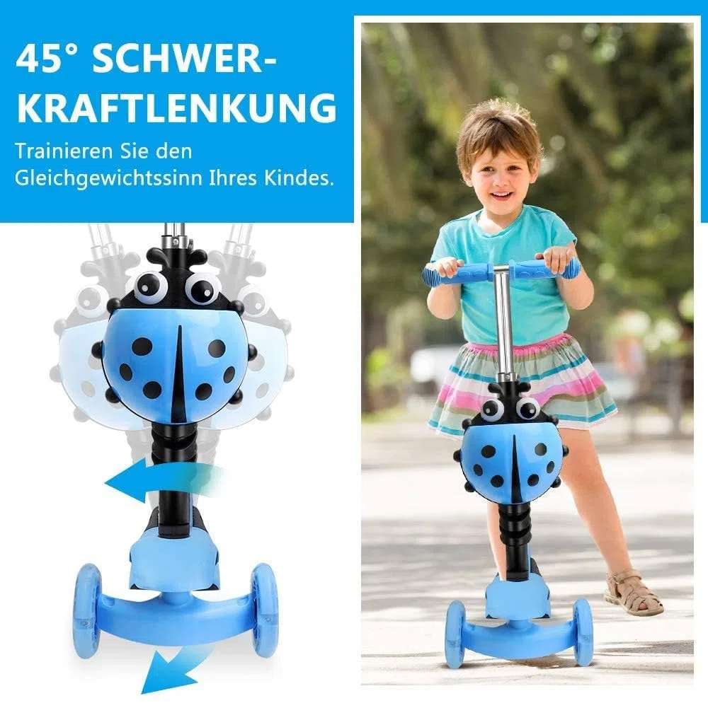 YOLEO 5-in-1 Kinder Roller Scooter mit Abnehmbarer Karikaturkorb Sitz Schubstange Große Räder Bequeme Rückenlehne Höheverstellbare Lenker für Kleinkinder Jungen Mädchen ab 2 Jahre (Blau)