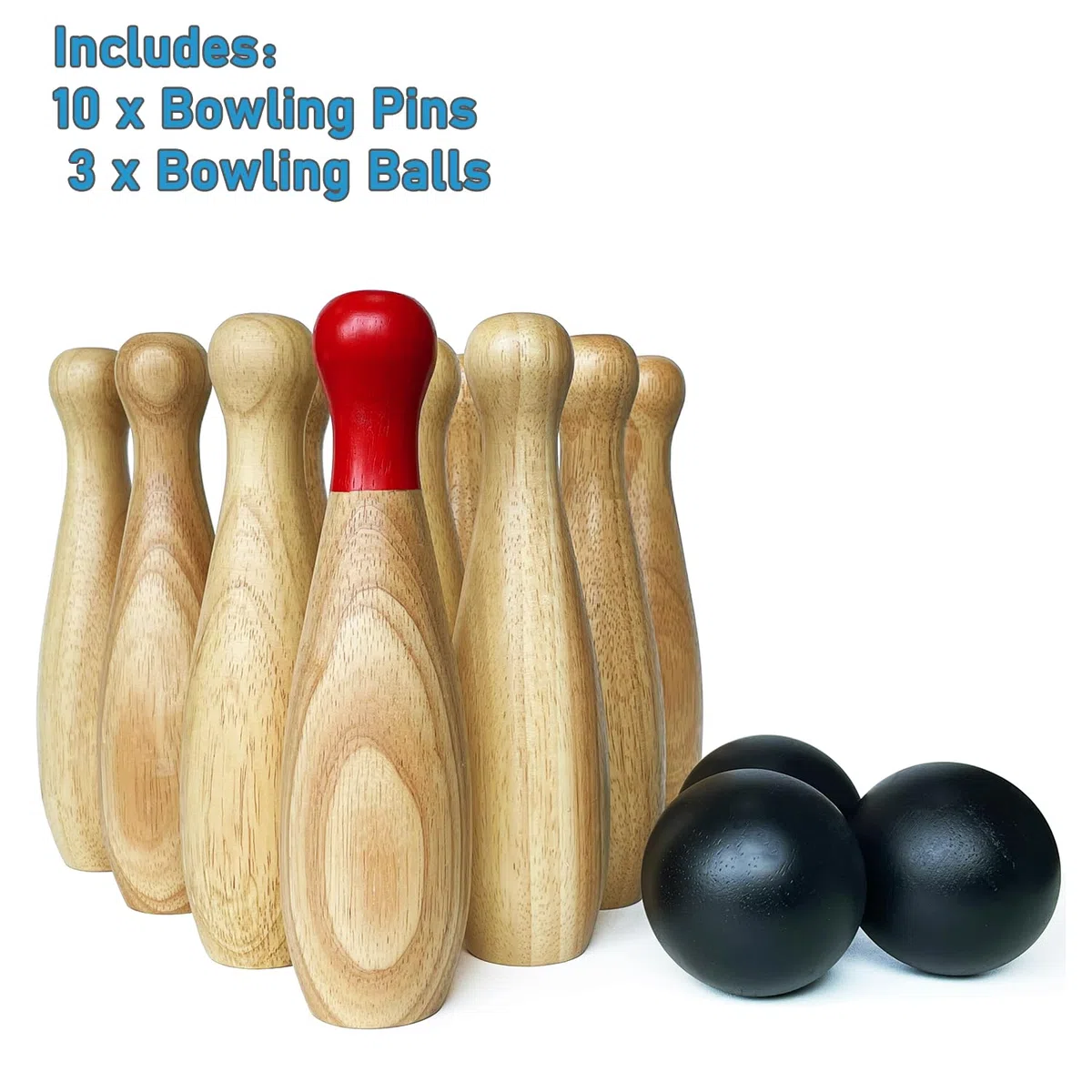 Holzspiel-Set, Rasen, Bowling, Hartholz, 10 Pins & 3 Bälle in einer Tragetasche (23 cm hoch, natur)
