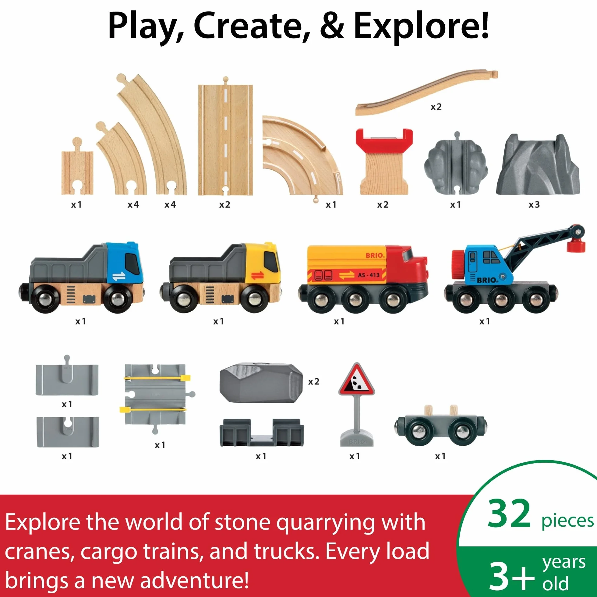 BRIO World 33210 Straßen & Schienen Steinverlade Set - Inklusive Frachtlok mit Kranwagen, Zwei LKWs und Straßenplatten - Geeignet für Kinder ab 3 Jahren