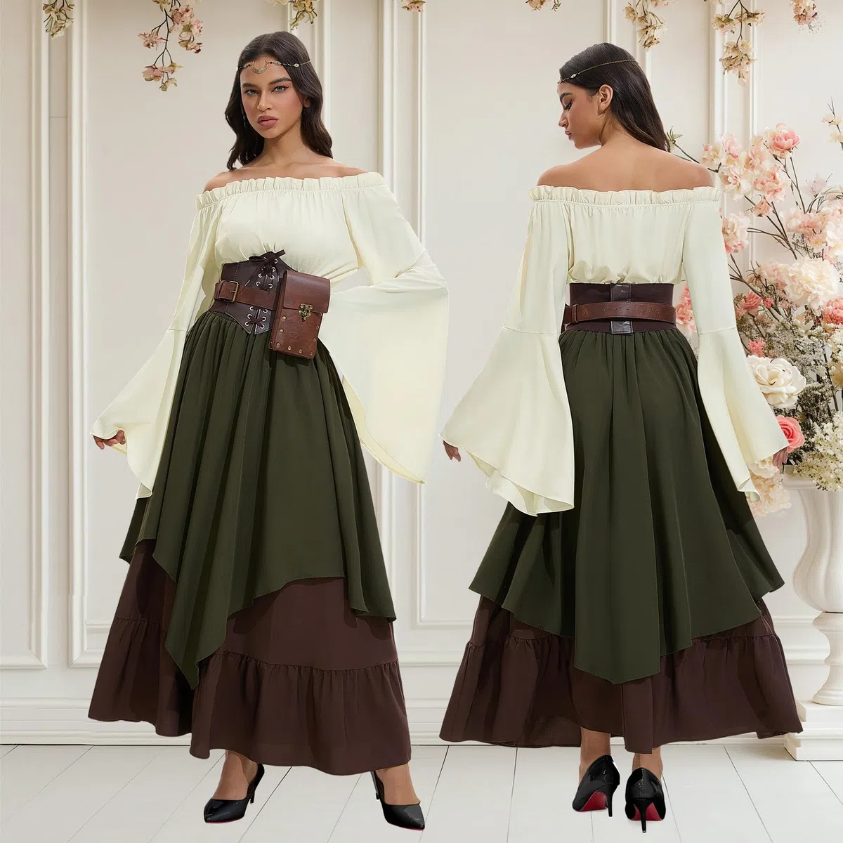 Mittelalter Kleidung Damen, Renaissance Kleid Damen und Off Shoulder Bluse mit Corsett, Gürteltasche, Kopfschmuck, Gürtel, Viktorianisches Kostüm für Halloween Karneval