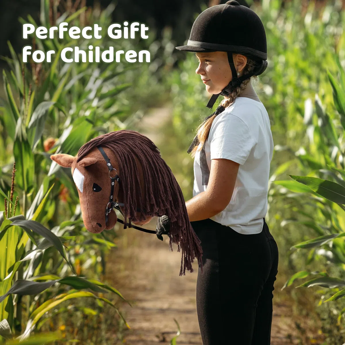 BEJOY Steckenpferd Spielzeug Pferd, Hobby Horse Holzpferd Plüschpferd zum Reiten für Kinder mit Halfter und Trense, Dunkelbraun