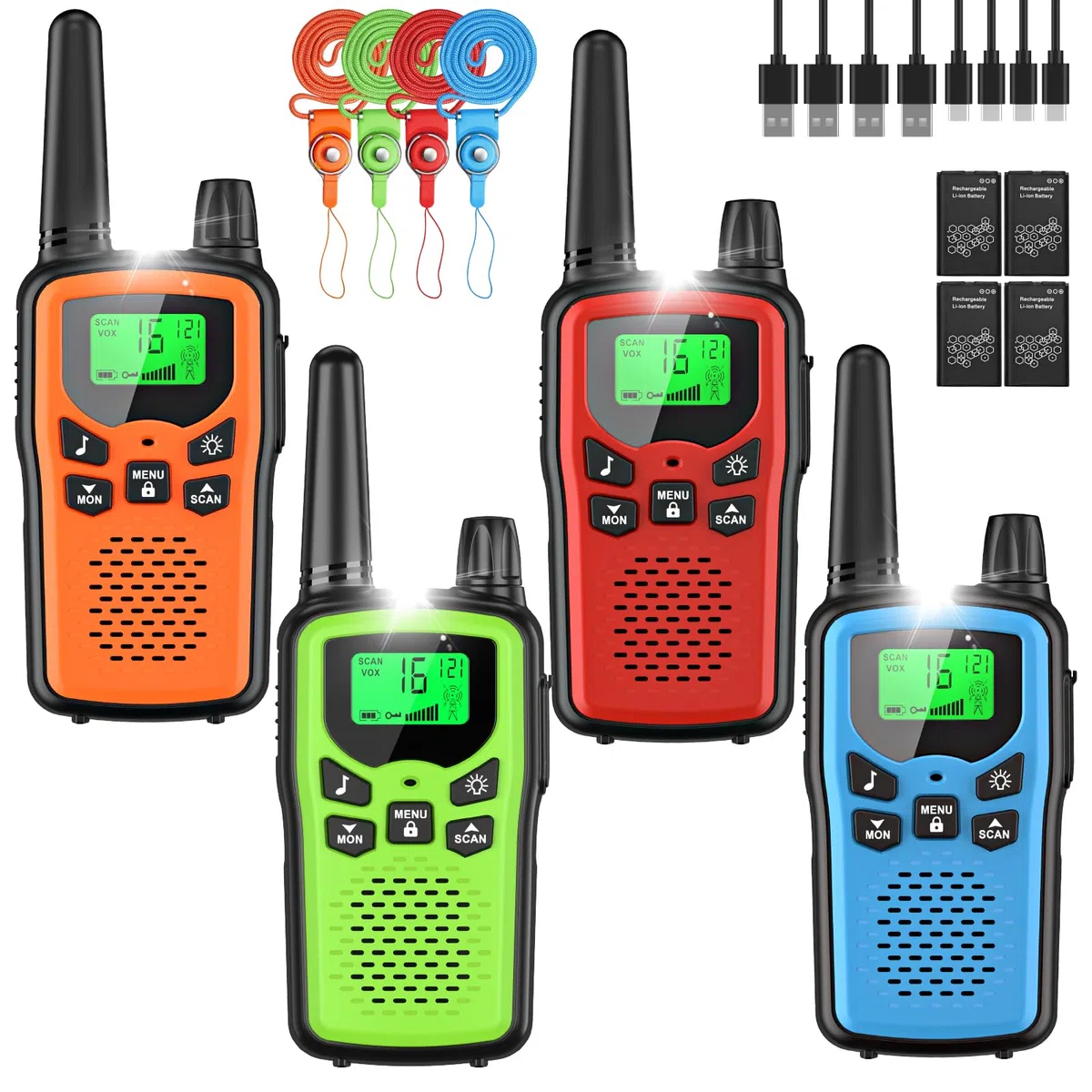 Walkie Talkie Kinder 4er Set, Walky Talky mit 1200mAh Aufladbar Akku, Große Reichweite 5km Walki Talki mit Li-ion Akku, Funkgeräte mit 16 Kanäle für Camping, Freien, Wandern
