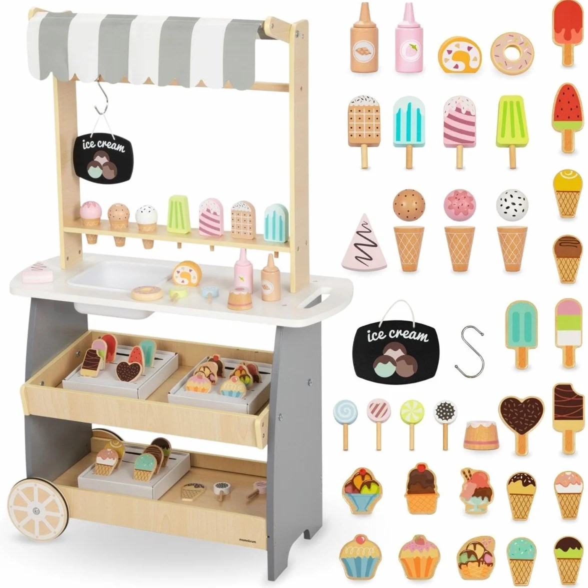 Mamabrum Holz Eisdiele für Kinder 3+, Rollwagen mit EIS, Spielen, Dezentes Design, Reichhaltige Accessoires, Entwickelt Kreativität und Soziale Fähigkeiten