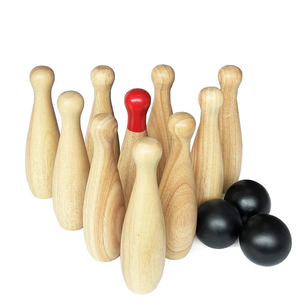 Holzspiel-Set, Rasen, Bowling, Hartholz, 10 Pins & 3 Bälle in einer Tragetasche (23 cm hoch, natur)