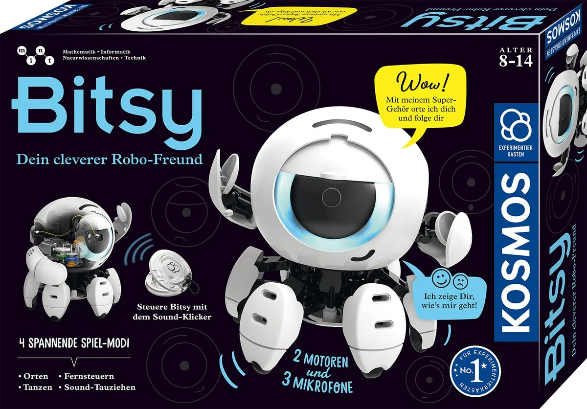 KOSMOS 621094 Bitsy - Dein cleverer Robo-Freund, Roboter für Kinder, Steuere Bitsy mit Sound-Klicker, Spielzeug für Kinder, Experimentierkasten ab 8-12 Jahre