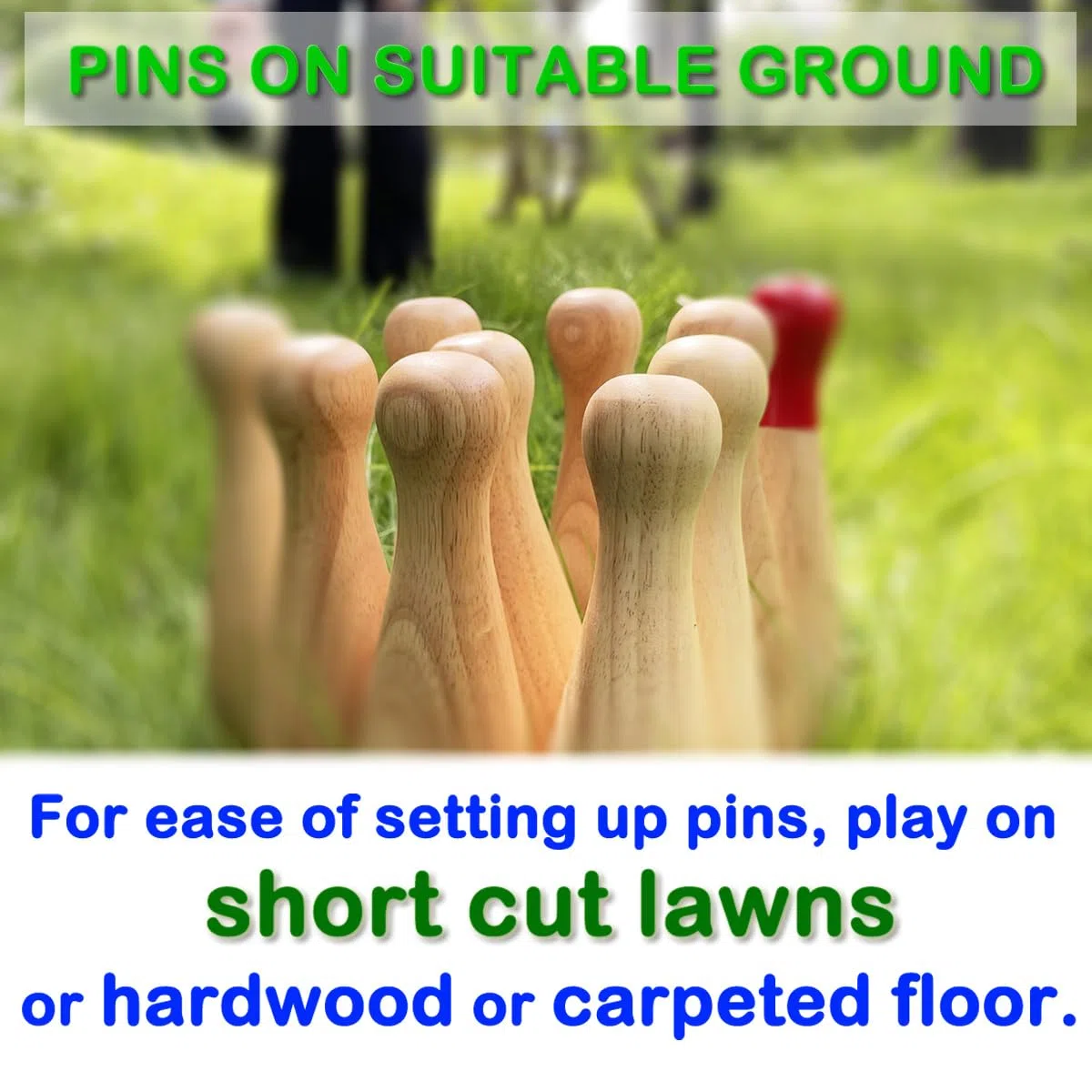 Holzspiel-Set, Rasen, Bowling, Hartholz, 10 Pins & 3 Bälle in einer Tragetasche (23 cm hoch, natur)
